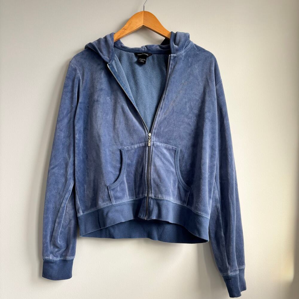 Y2K Style Moda International Blue Velour Zip Up Hoodie Pockets Size Large